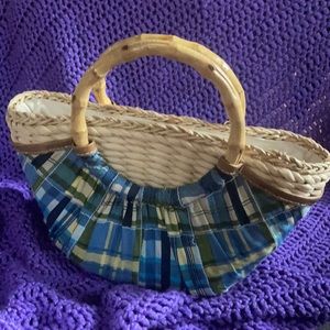 Cute wicker clutch with bamboo handle and madras blue plaid